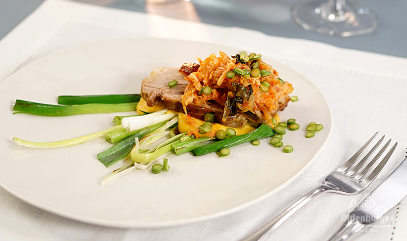 Pork Belly with Creamy Sweet Potato Mash and Kimchi