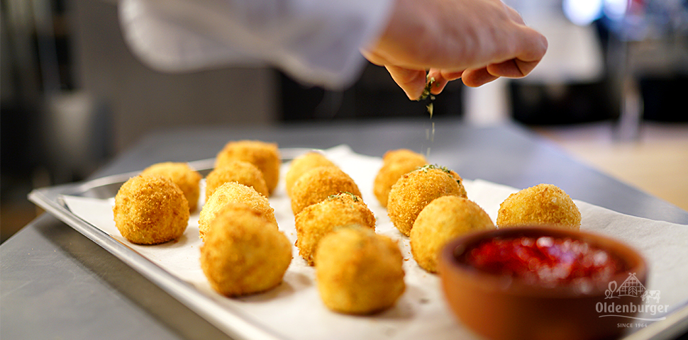 Fried Cheesy Rice Balls with Spicy Salsa