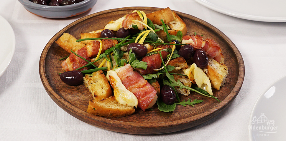 Grilled Mozzarella and Smoked Bacon with Black Olive Dressing