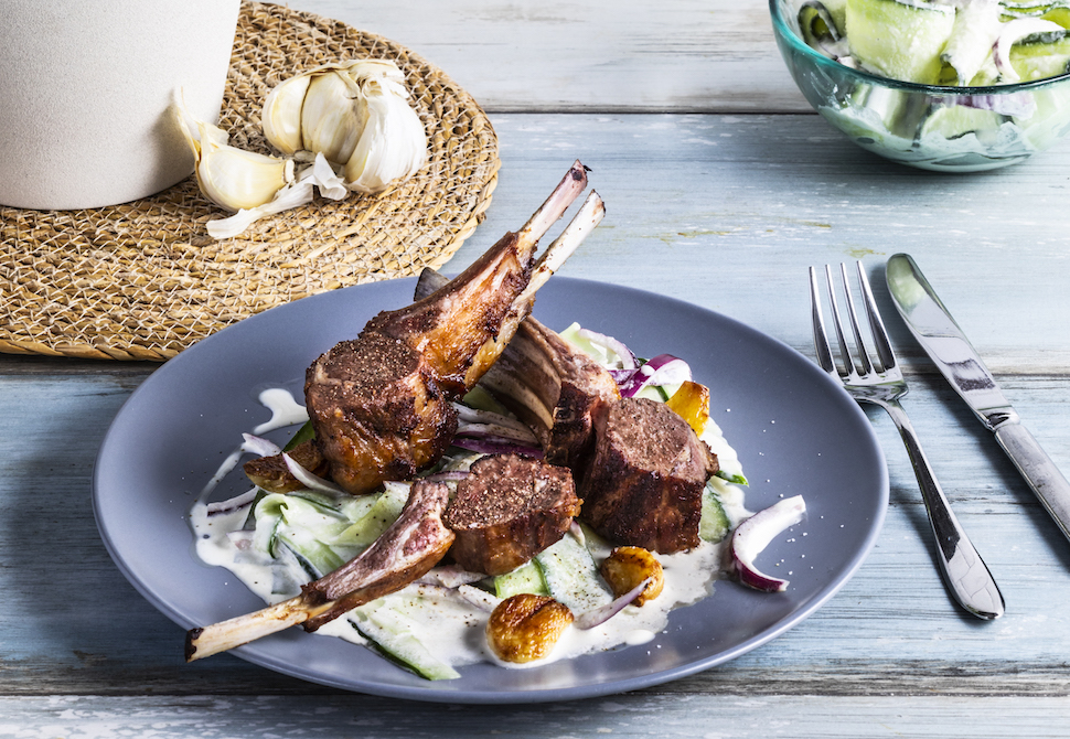 Cucumber Salad with Roasted Rack of Lamb