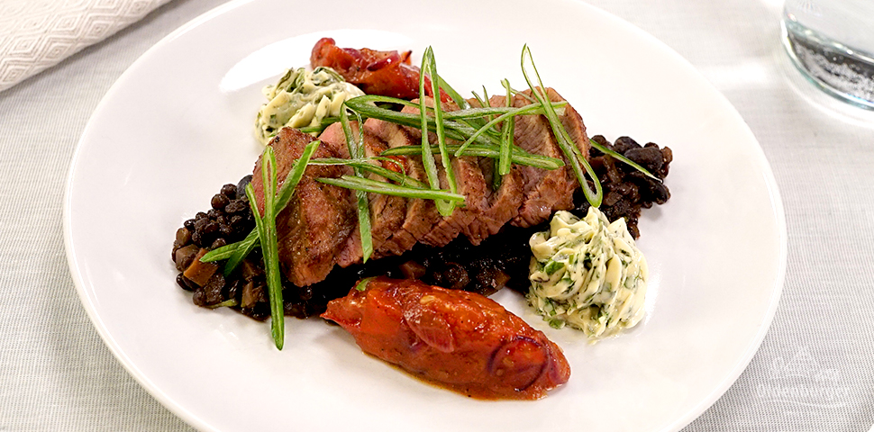 Roast Lamb with Herb Butter, Black Lentils and Tomato Chutney