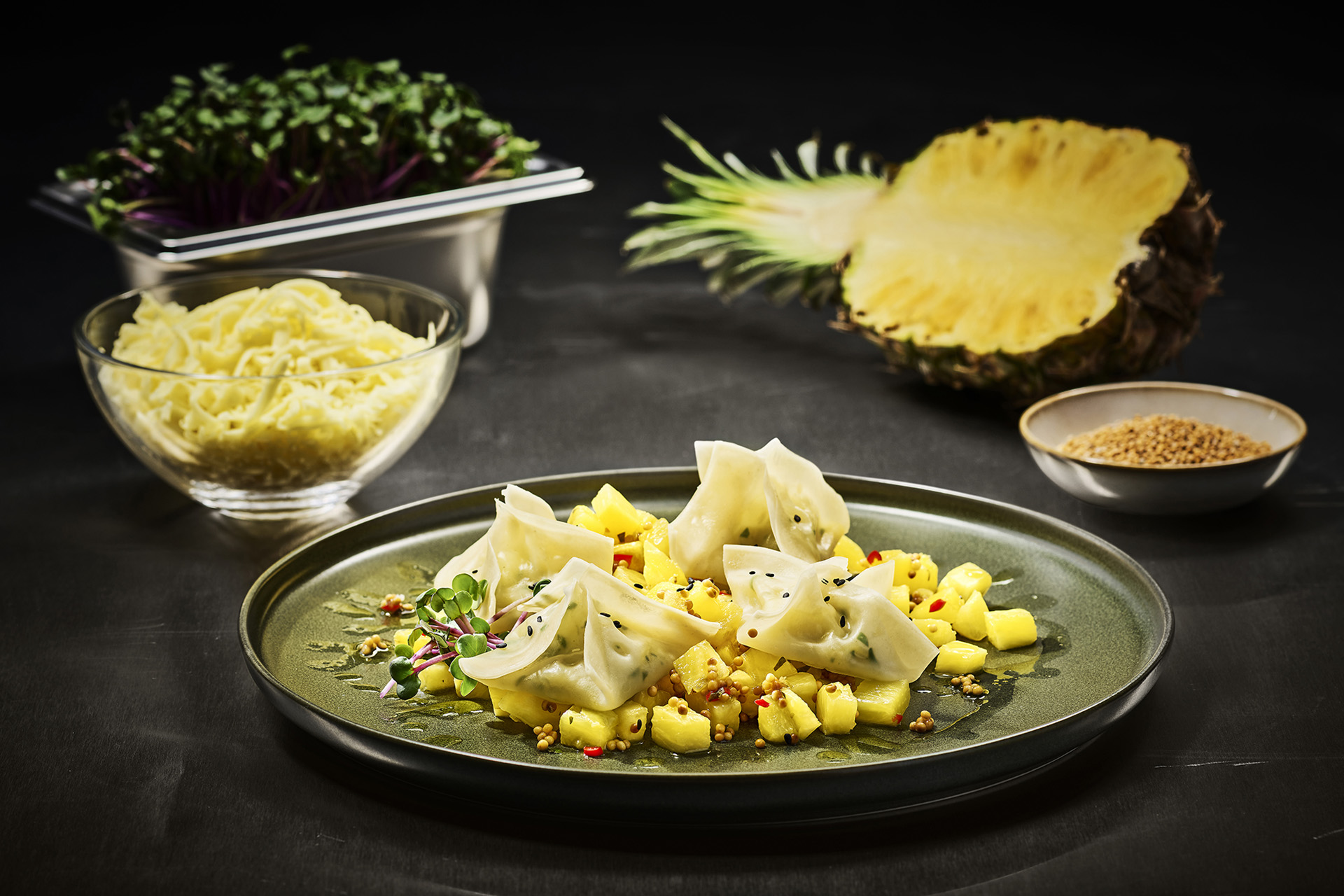 Wontons with Mozzarella and Pineapple Relish