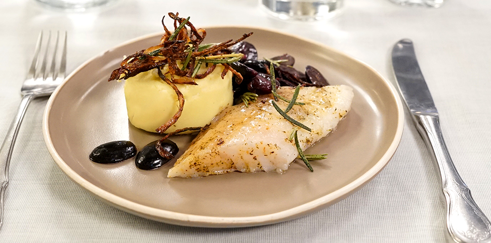 Perch with Mashed Potatoes, Grapes, Rosemary and Brown Butter