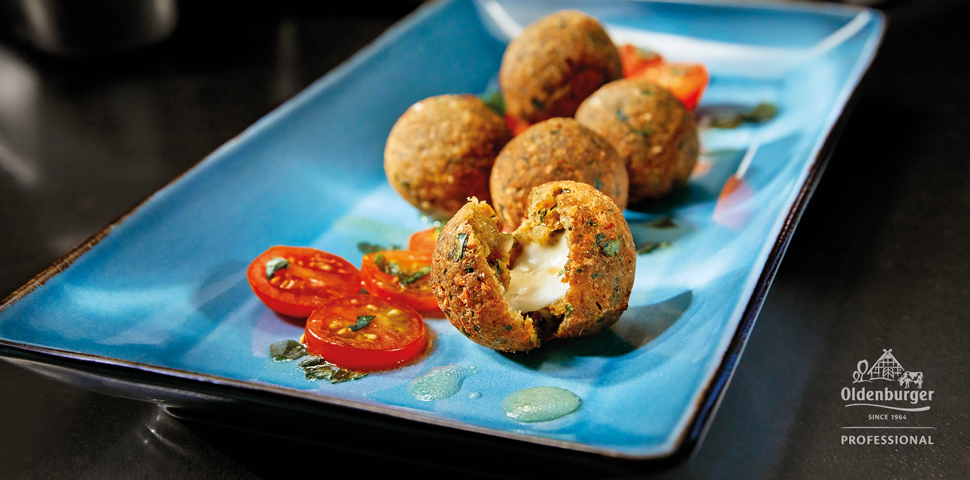 Gouda-stuffed Falafel with Tomato and Mint Salad