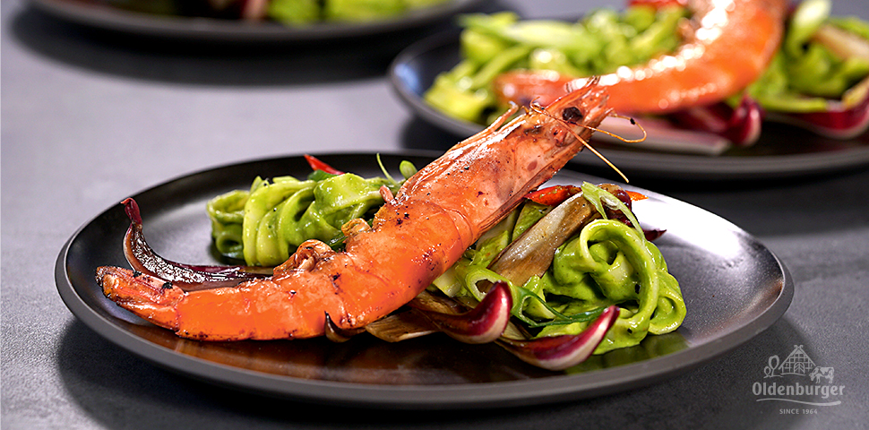 Tagliatelle with Spinach Cream Sauce, Radicchio and King Prawn