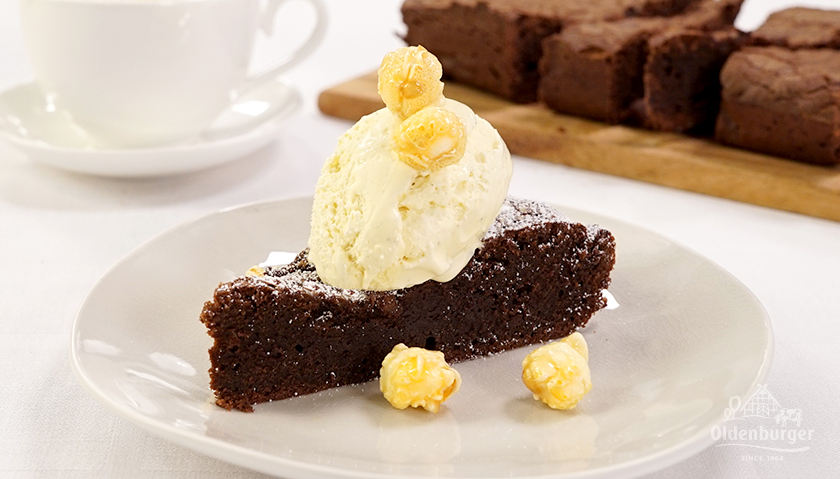 Fudgy Brownies with Vanilla Ice Cream and Caramel Popcorn