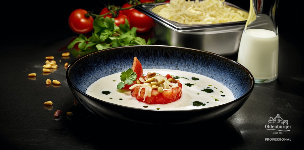 Mozzarella Soup with Tomato and Coriander Pesto