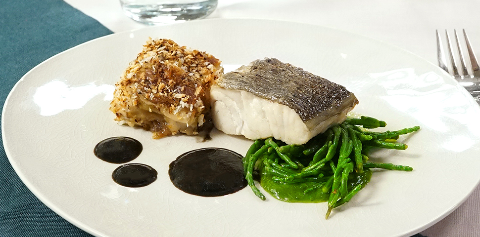 Cod with Creamy Potato Mousseline and Black Sauce